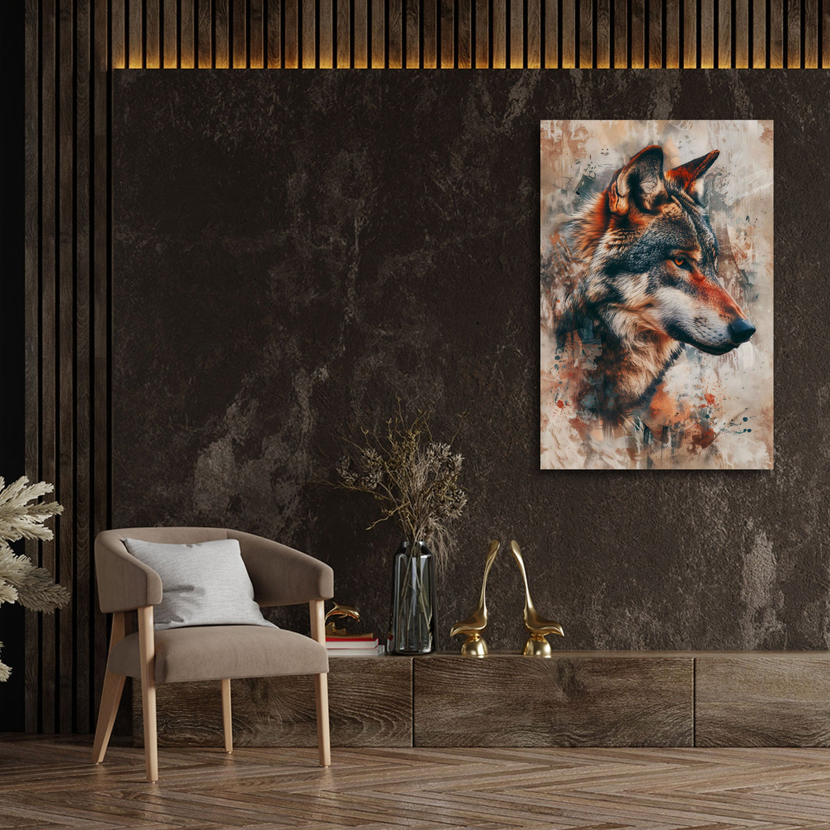 Wolfskopf in Braun und Beige mit Farbspuren Wandbild
