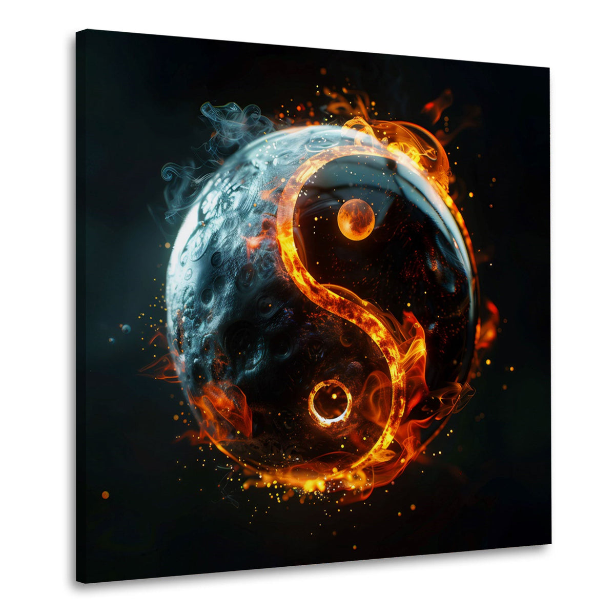 Yin und Yang Symbol mit Feuer und Mond im Dunkeln Wandbild