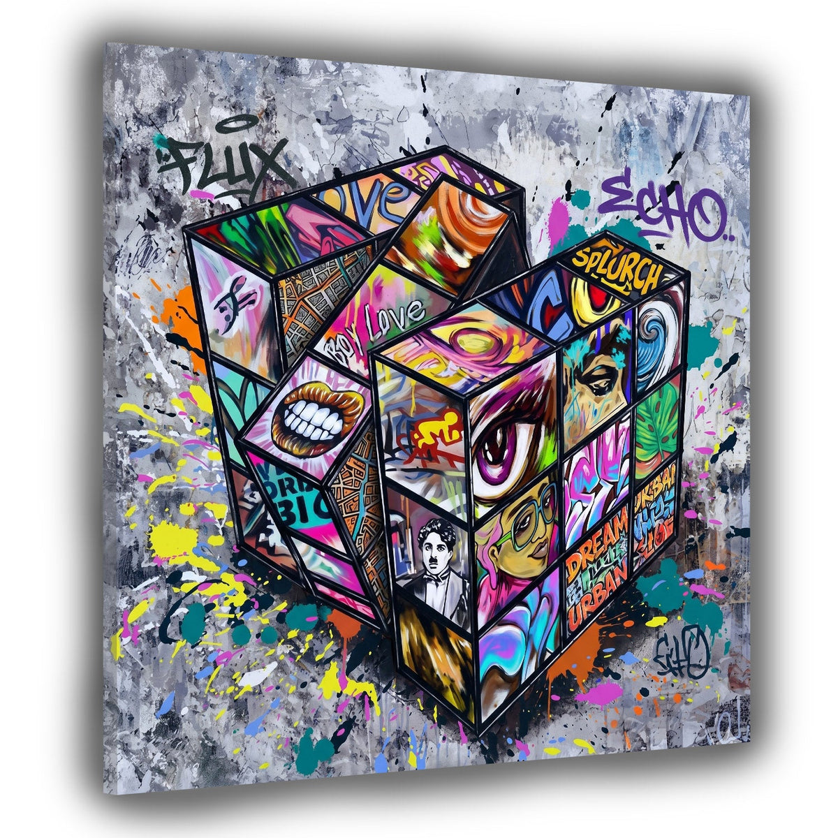 Zauberwürfel als Graffiti Collage auf grauem Grund Wandbild