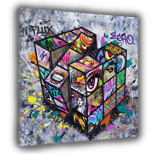 Zauberwürfel als Graffiti Collage auf grauem Grund Wandbild