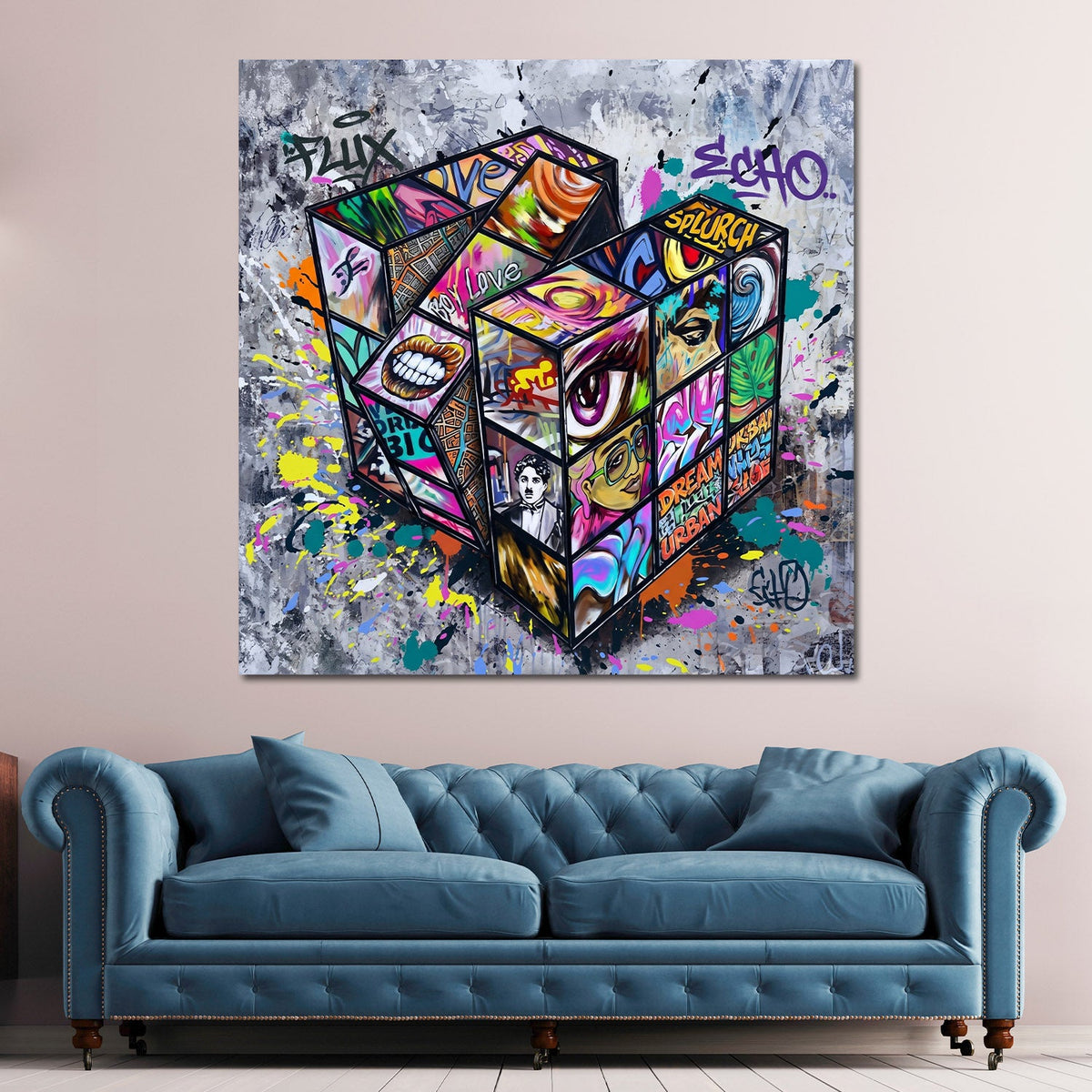 Zauberwürfel als Graffiti Collage auf grauem Grund Wandbild