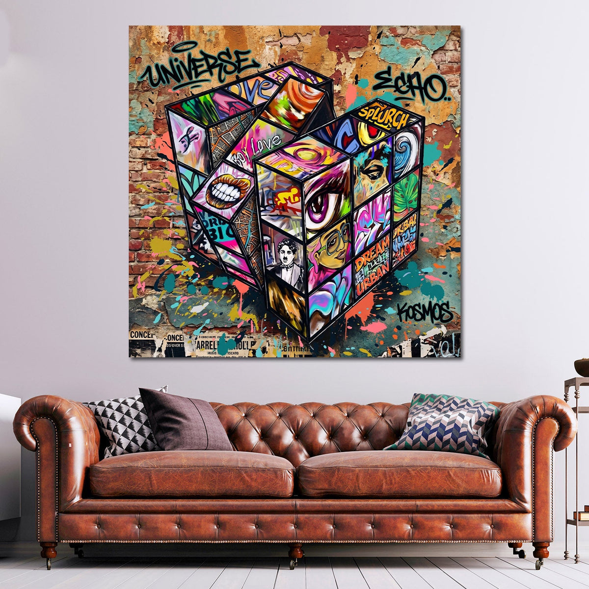 Zauberwürfel als Street Art Collage vor Ziegelwand Wandbild