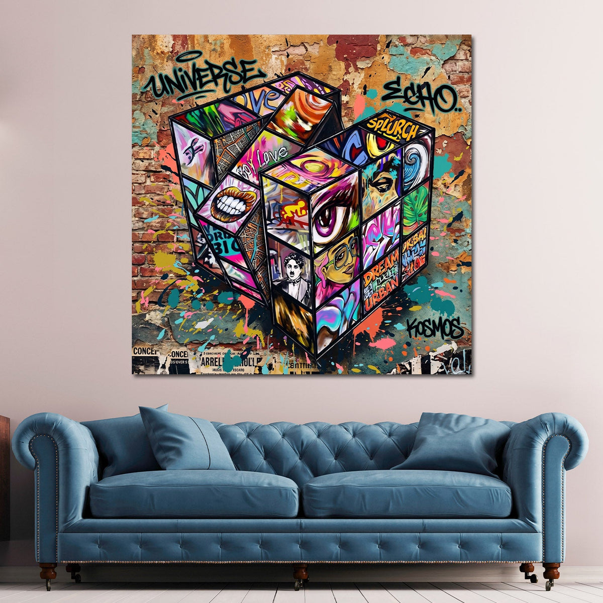 Zauberwürfel als Street Art Collage vor Ziegelwand Wandbild