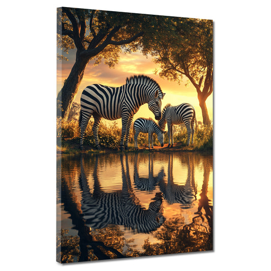 Zebras im Sonnenuntergang Natur Spiegelung Wandbild