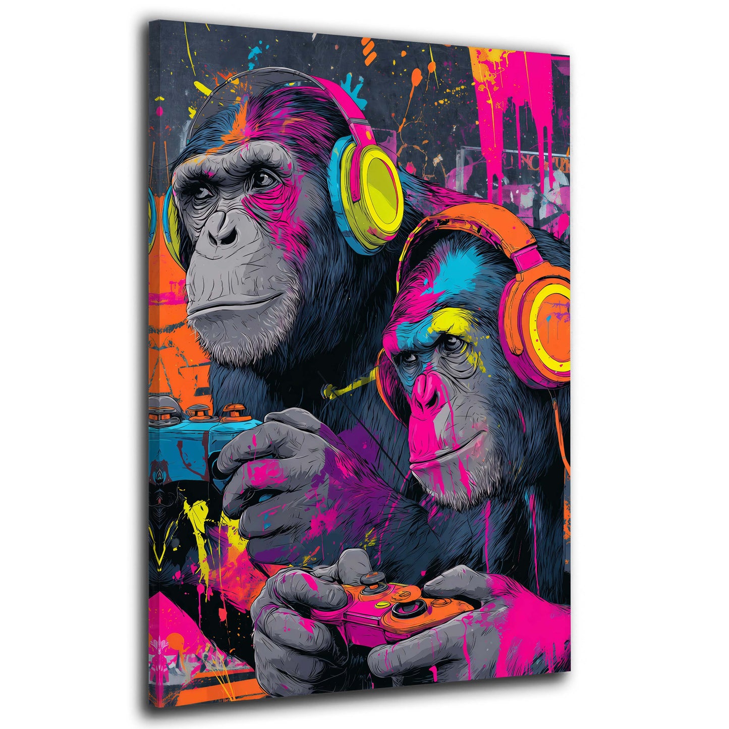 Zwei Gorillas mit Kopfhoerern und Gamepad Neon Wandbild