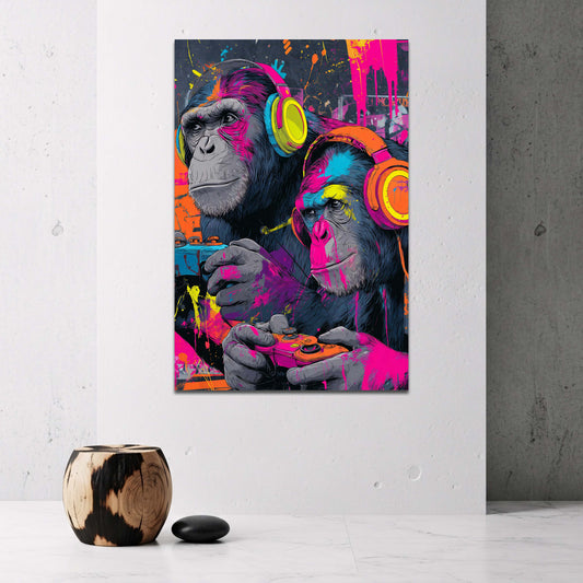 Zwei Gorillas mit Kopfhörern und Gamepad Neon Wandbild