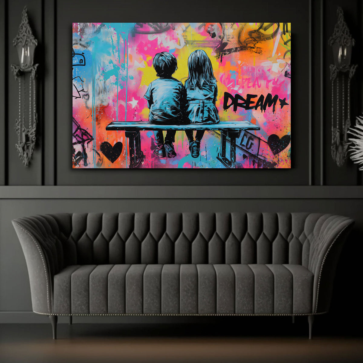 Zwei Kinder auf Bank vor bunter Dream Graffiti Wand Wandbild