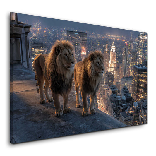 Zwei Löwen auf Hochhausdach mit New York Skyline Wandbild