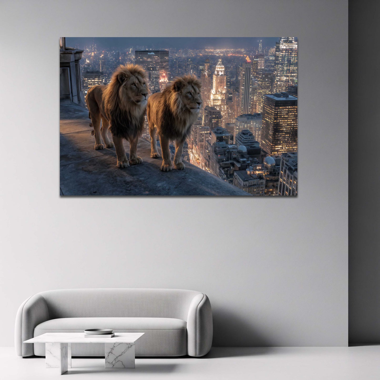Zwei Loewen auf Hochhausdach mit New York Skyline Wandbild