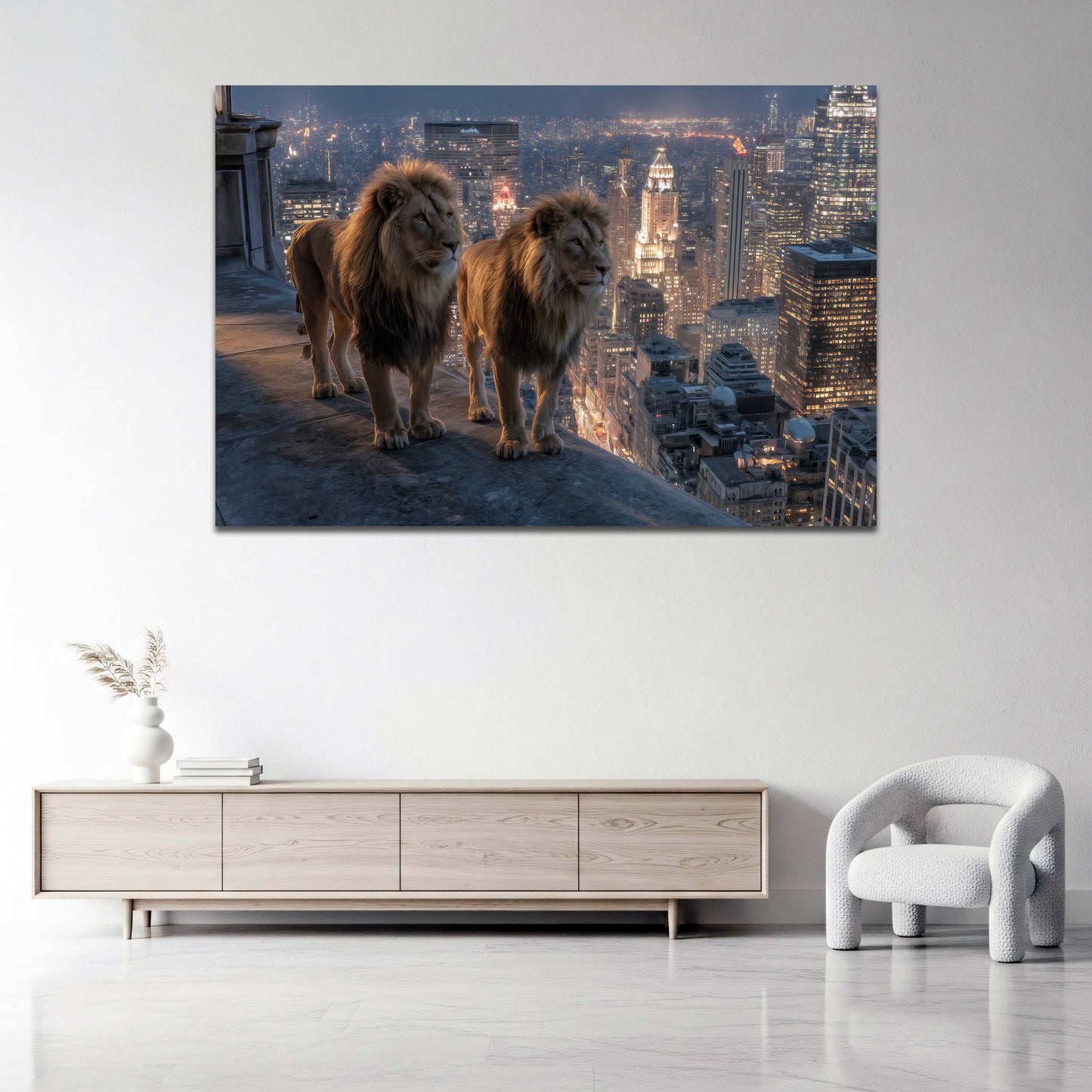Zwei Loewen auf Hochhausdach mit New York Skyline Wandbild