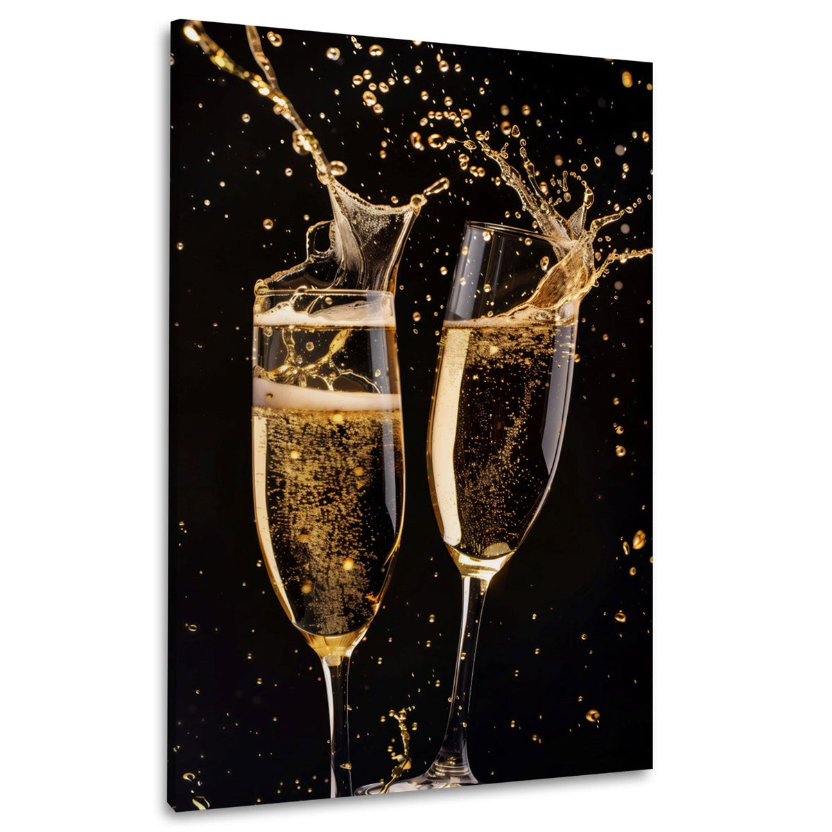 Zwei Sektgläser mit spritzendem Champagner Wandbild im Hochformat