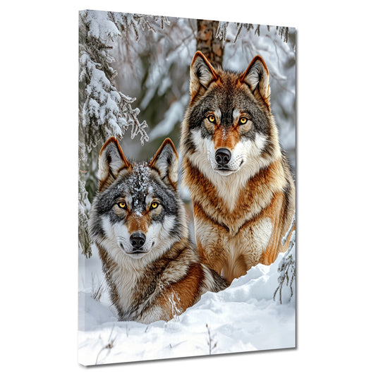 Zwei Wölfe im verschneiten Wald Wandbild