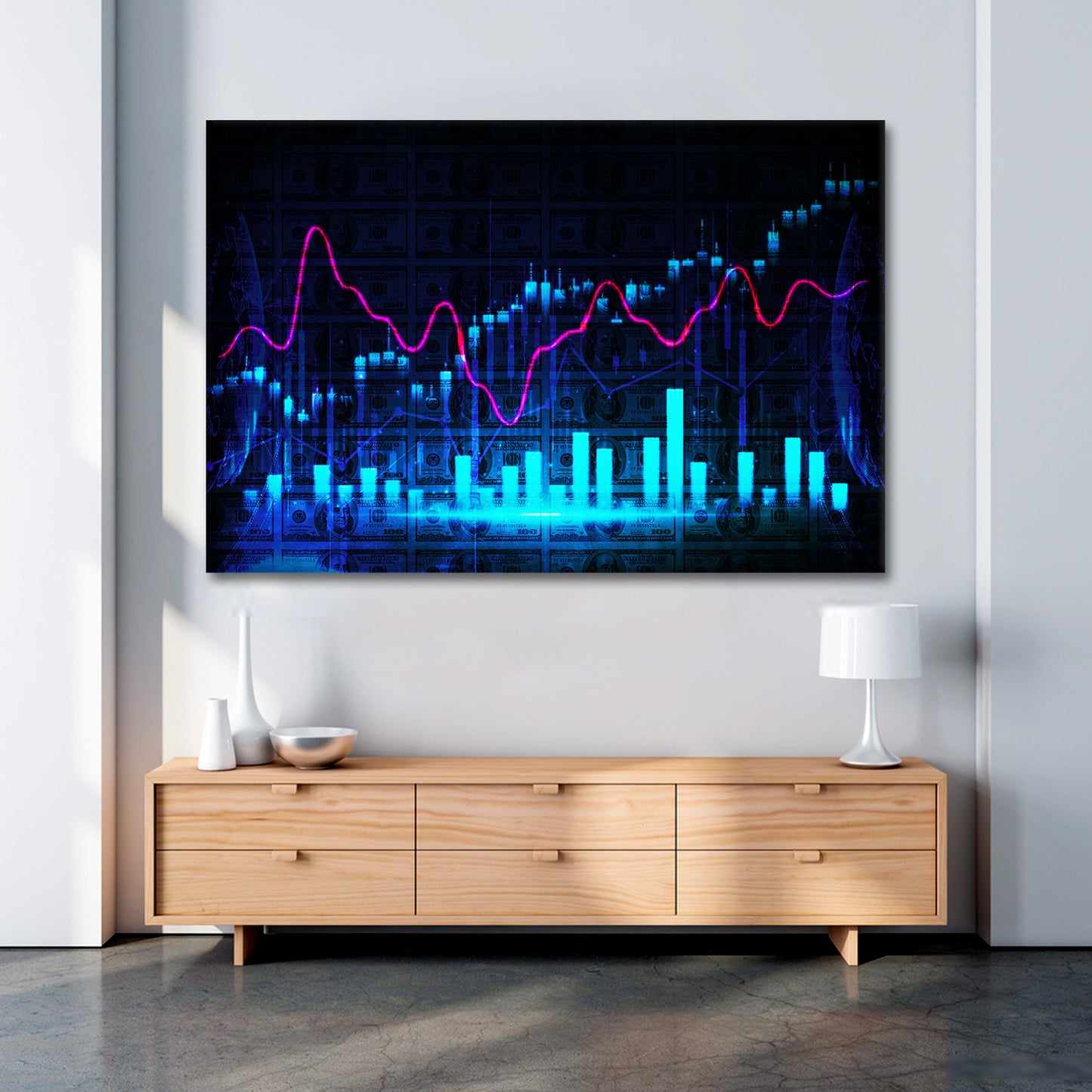 Wandbild Börse Trading Kerzen Blue Style, Büro