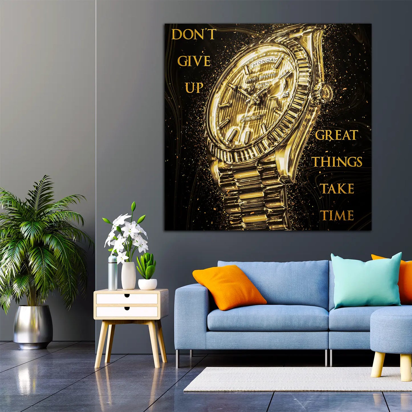 Wandbild Motivation Uhr Gold Style