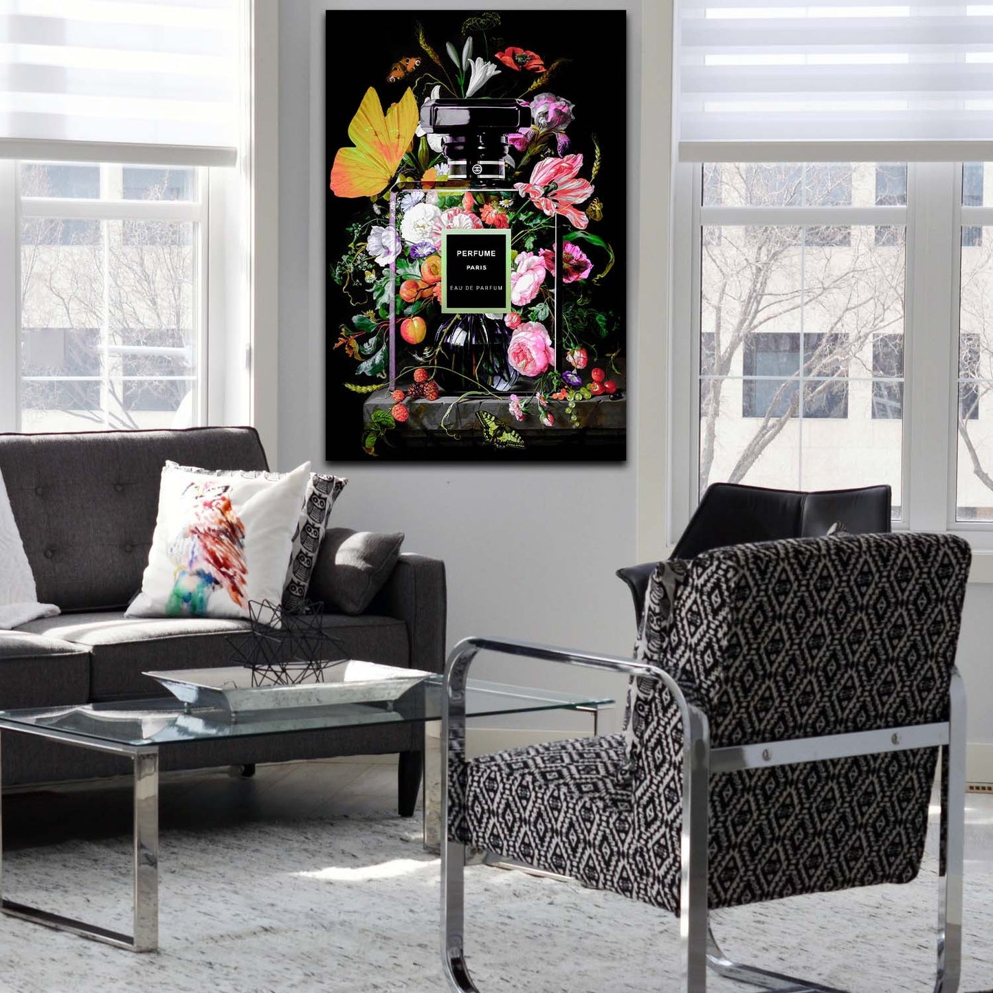 Wandbild Leinwandbild Parfümflasche mit Blumen Lifestyle Pop Art Kunstwerk