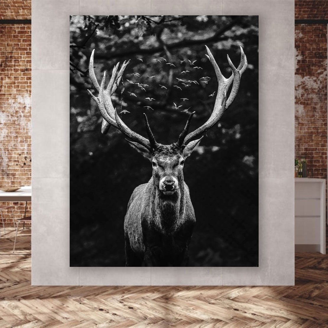 Wandbild Hirsch abstrakt Deep Forest schwarz weiß, Tiere