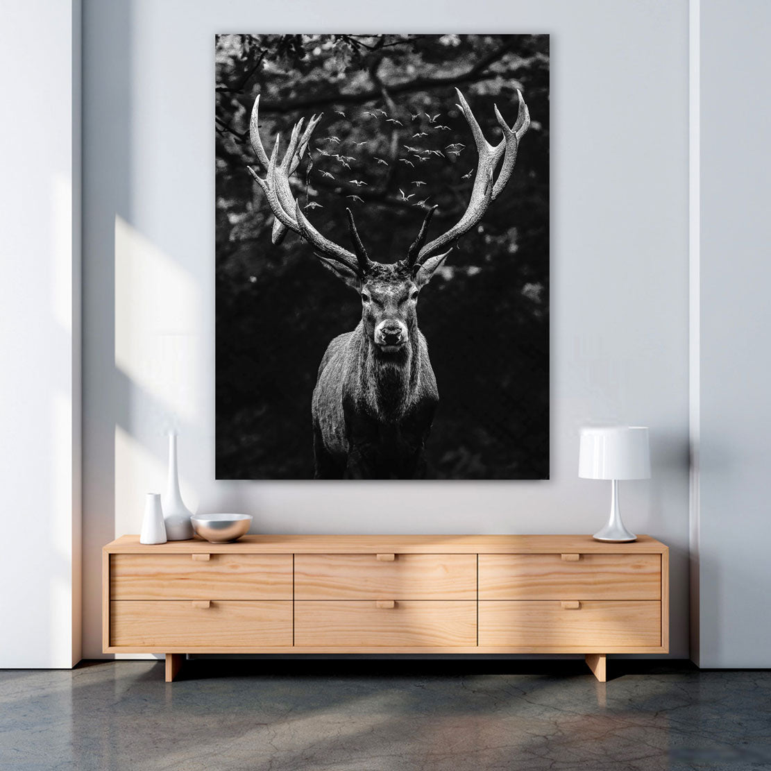 Wandbild Hirsch abstrakt Deep Forest schwarz weiß, Tiere