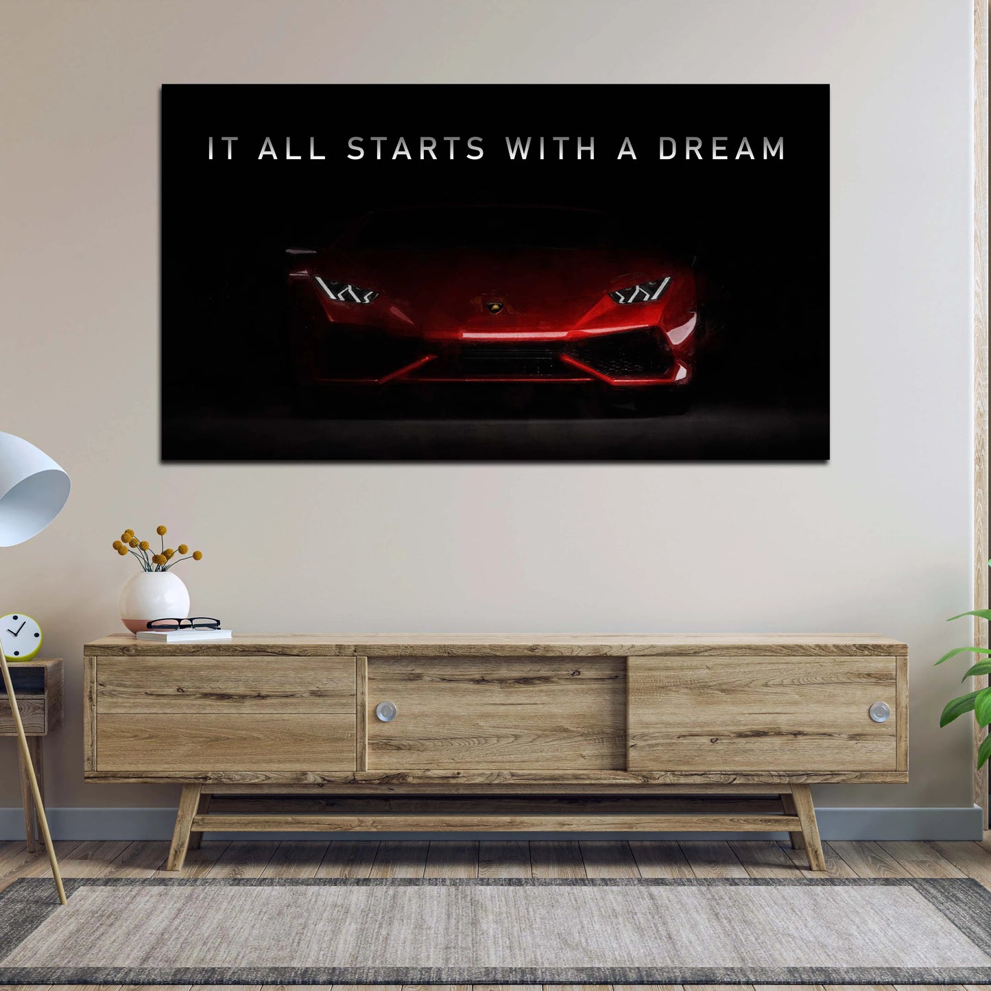 Wandbild abstrakt Motivation Sportwagen It All Starts With A Dream Red Style