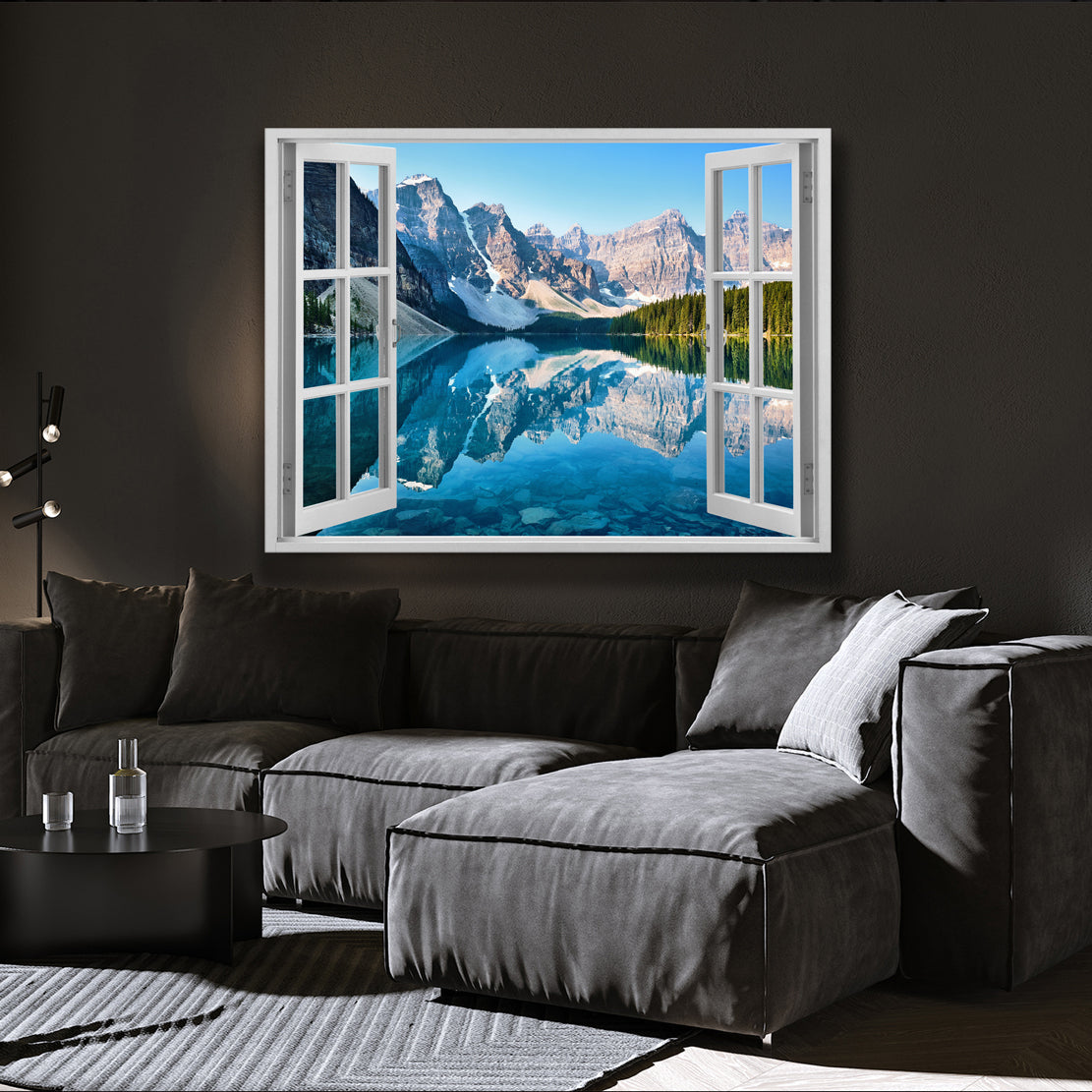 Wandbild Fenster Mountain View Blue Style