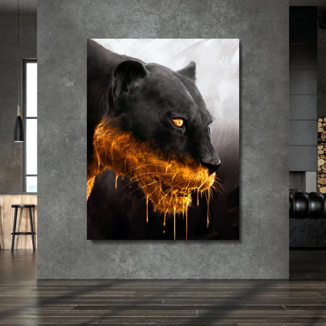 Wandbild Raubkatze schwarzer Panther Gold Style